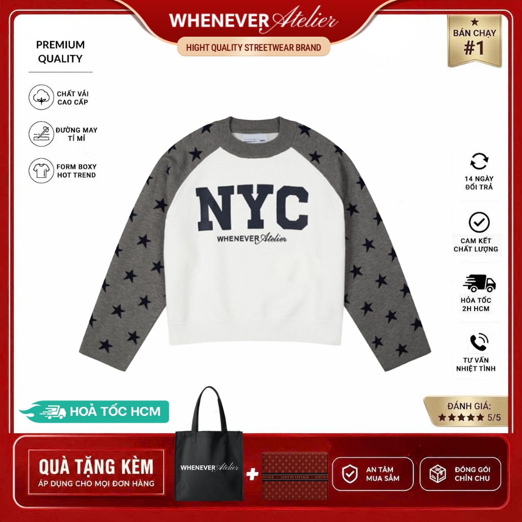 Whenever Atelier | Áo Sweater Whenever Star Raglan Form Boxy Vải Cao Cấp - Grey White