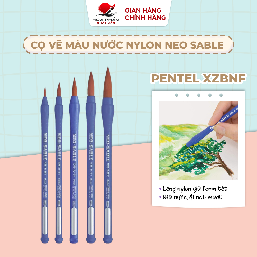 Cọ vẽ Pentel XZBNF cọ vẽ màu nước Nylon Neo Sable mềm mịn giữ nước tốt