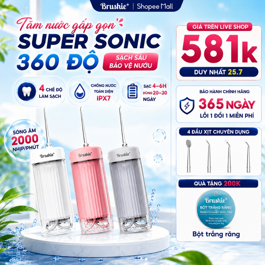 [GIÁ 566K TẠI LIVE SHOP] Tăm Nước Brushie Super Sonic Gấp Gọn Mini Du Lịch Chính Hãng Bảo Hành 1 Năm