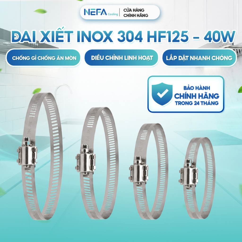 [Chính hãng] đai xiết inox 304 NEFA, vòng xiết ống quạt thông gió HF100–HF300, siết chắc, không rỉ