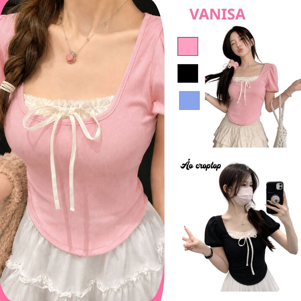 Áo croptop coquette kiểu acubi brandy nữ baby tee nơ màu hồng xanh đen bánh bèo thun tăm CT088