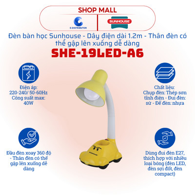 [HỎA TỐC] Đèn bàn học Sunhouse SHE-19LED-A6 - Đèn chưa kèm bóng đèn - Hàng chính hãng