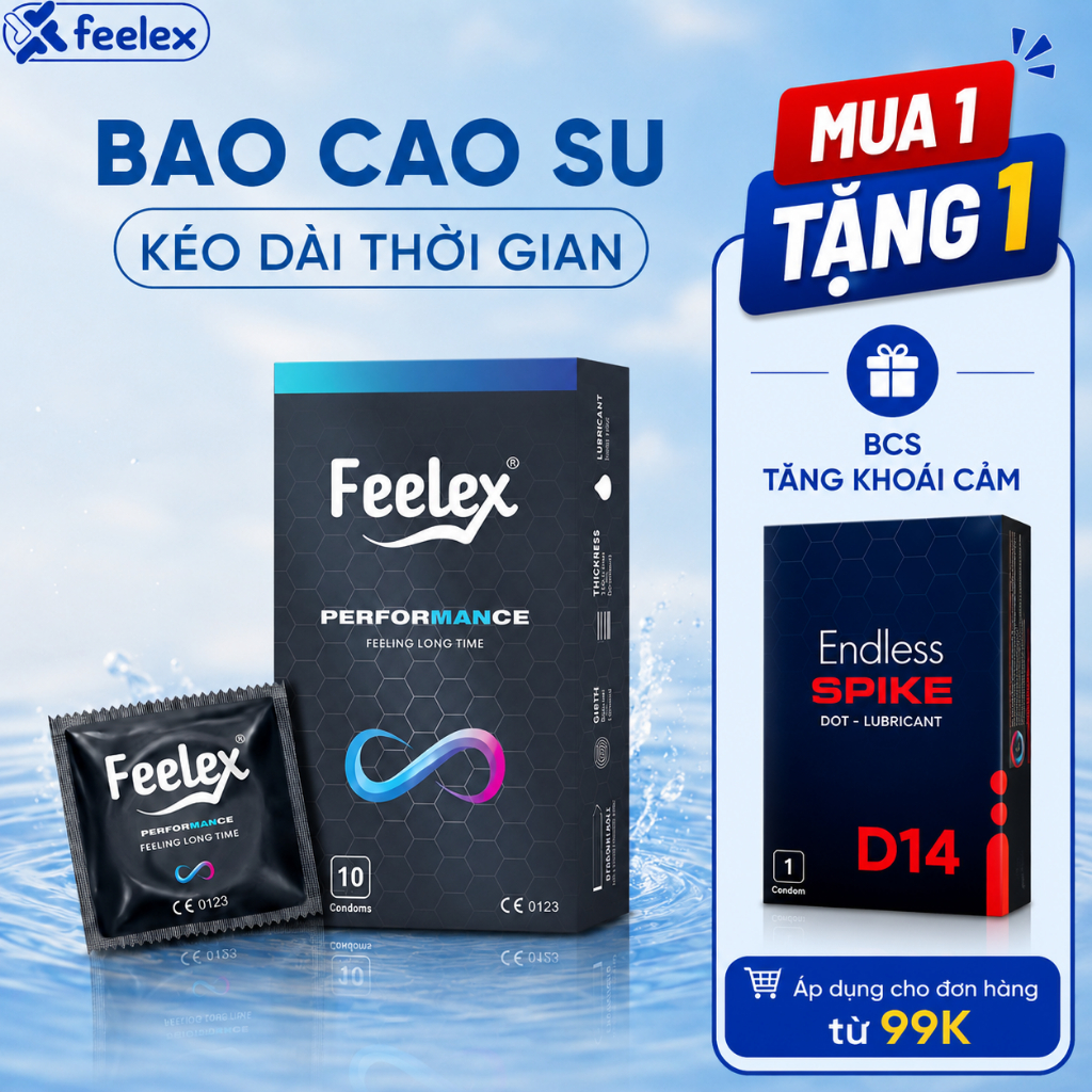 Bao cao su Feelex kéo dài thời gian, siêu mỏng, gân gai, nhiều gel bôi trơn - Hộp 10 bcs