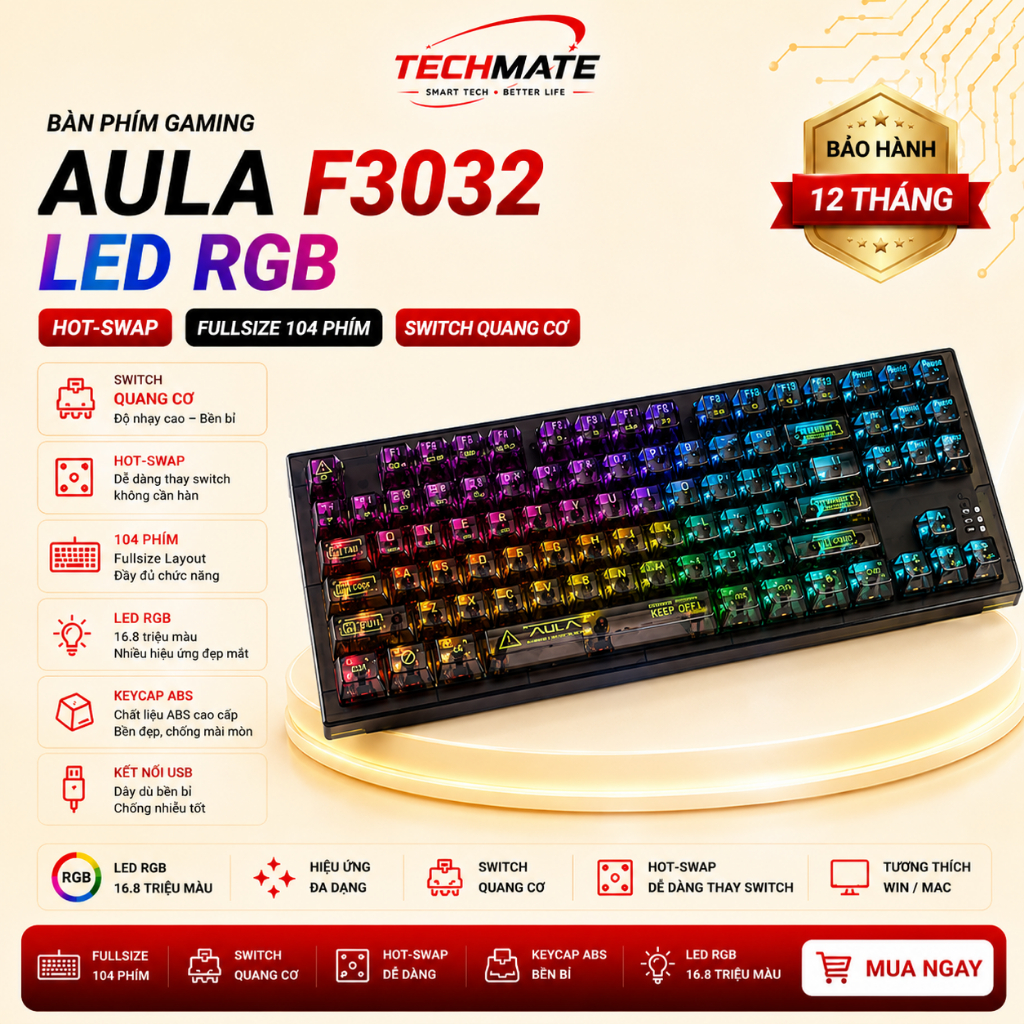 Bàn phím Gaming Aula F3032 LED RGB | Hot-swap | Fullsize 104 phím | Switch quang cơ | Keycap ABS