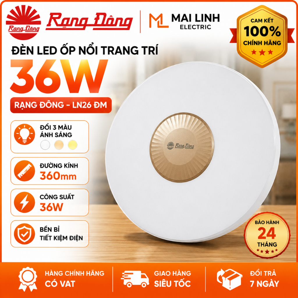 [Chính Hãng] Đèn Led ốp nổi Trang Trí 36W Rạng Đông - Đổi 3 Màu - Đường kính 360mm - Model LN26 ĐM