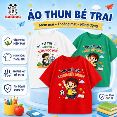 BOBDOG, áo cộc tay bé trai, áo thun trẻ em chất liệu cotton mềm mịn, thoải mái đến trường, tự tin năm học mới