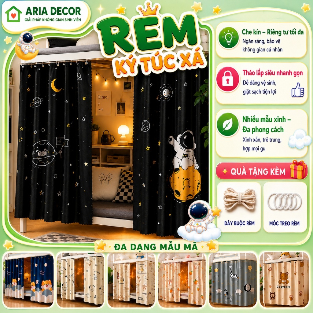 [Sẵn hàng - Quà] Rèm giường tầng ktx sinh viên 1 lớp ARIA DECOR, rèm KTX che ánh sáng, chống muỗi