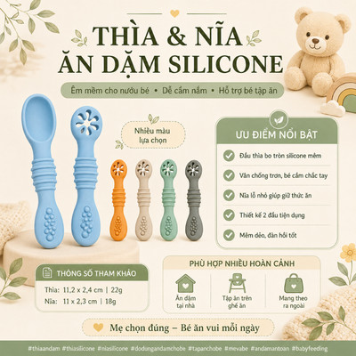 Bộ 2 Thìa, muỗng ăn dặm silicon đúc nguyên khối cho bé KidAndMom siêu mềm không chứa BPA an toàn