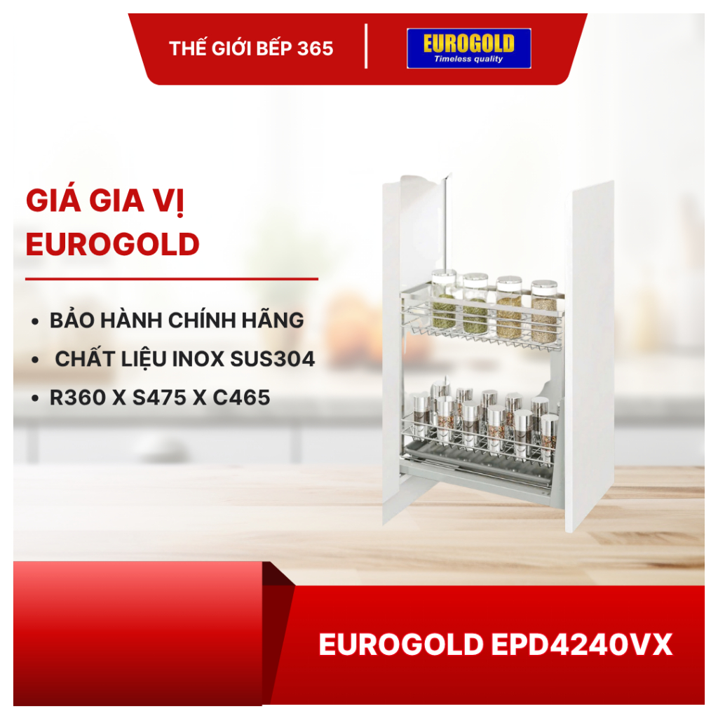 Kệ Gia Vị Eurogold EP40B/EPD4240 Inox SUS304, Ray Giảm Chấn, Bề Mặt Xước Mờ