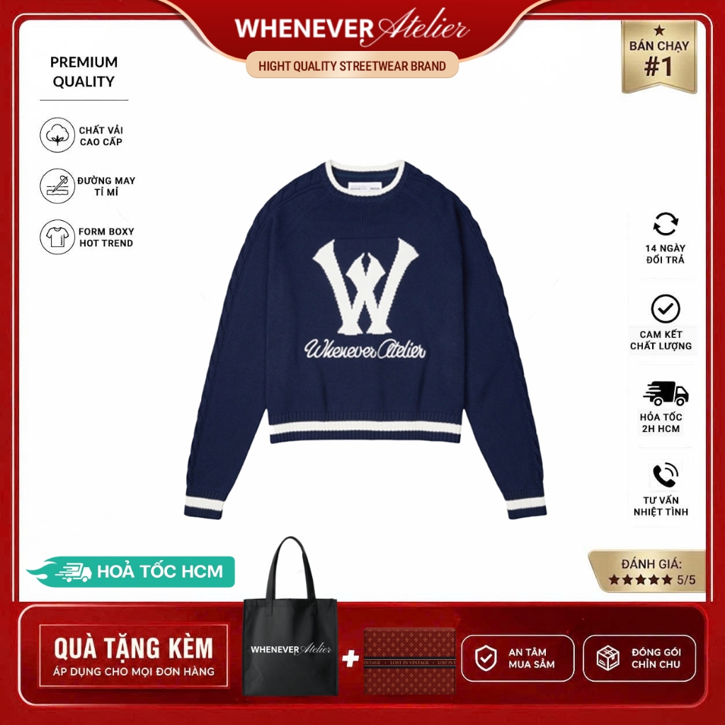 Whenever Atelier |  Áo Sweater Whenever Knit Sweater Form Regular Vải Cotton 100% Cao Cấp - Navy
