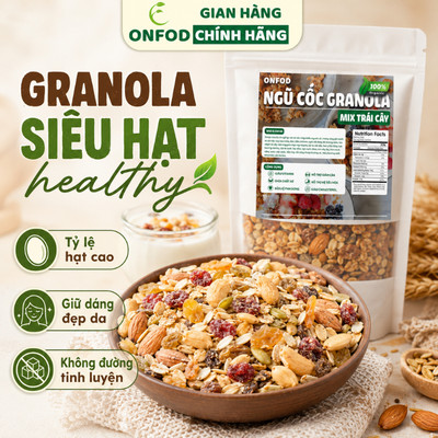 Ngũ cốc granola ONFOD siêu hạt mix hoa quả trái cây ăn kiêng giảm cân thêm macca, óc chó đỏ, dâu tây 500g