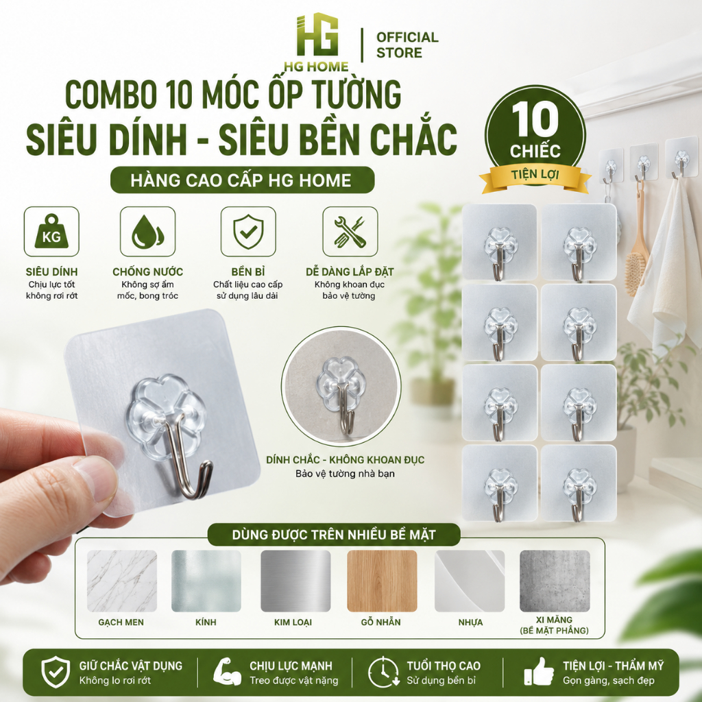 Combo 10 Móc ốp tường HGHOME siêu dính siêu bền chắc hàng cao cấp HGHOME