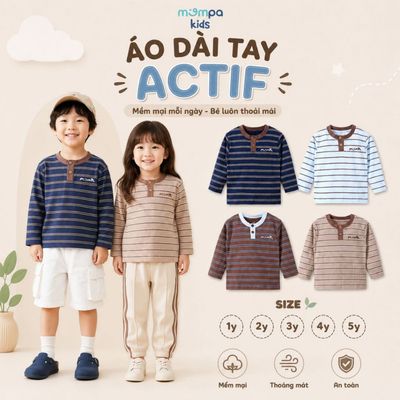 Áo dài tay cho bé trai bé gái Mompa 1-5 tuổi vải Cotton Actif co giãn thoáng khí nhanh khô MP 0557