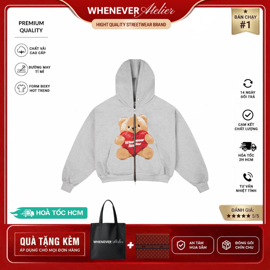 Whenever Atelier | Áo Hoodie Zip Whenever Bear Hoodie Zip Form Boxy Vải Nỉ Bông Cao Cấp - Premium Gr