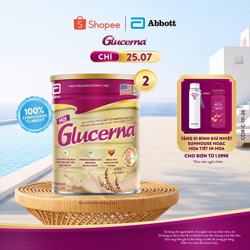Combo 2 Lon Sữa bột Glucerna Hương Lúa Mạch 800g dành cho người bị tiểu đường