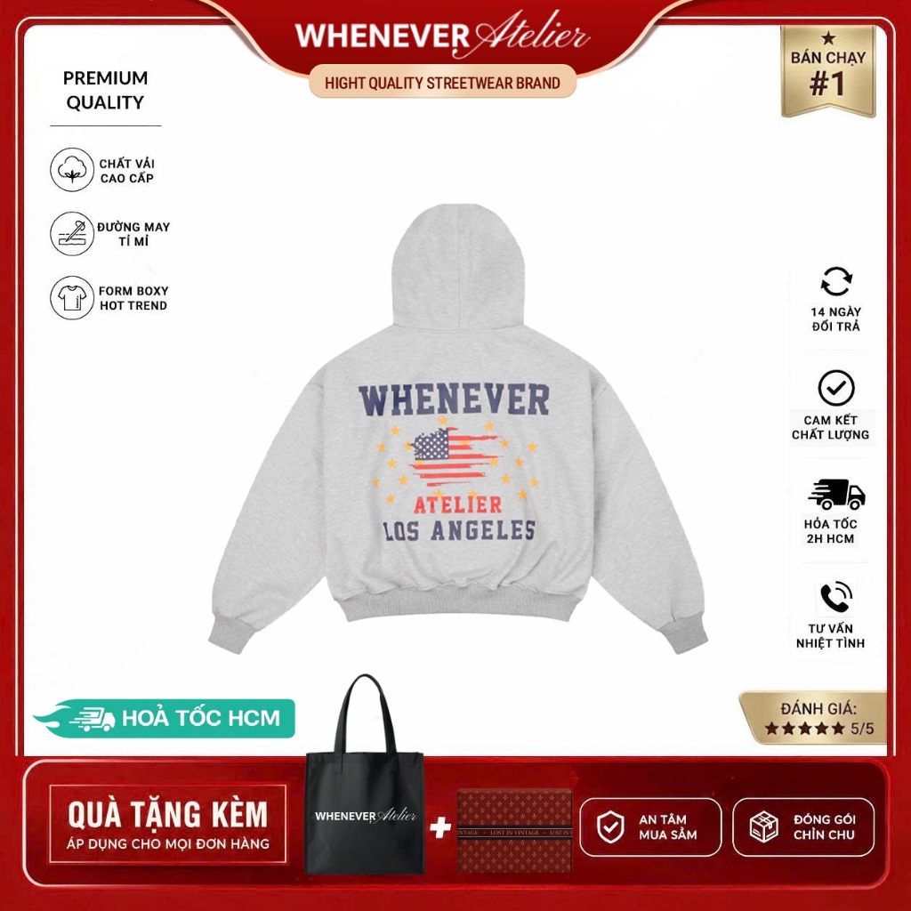 Whenever Atelier | Áo Hoodie Zip Whenever LA Hoodie Zip Form Boxy Vải Nỉ Bông Cao Cấp - PREMIUM GREY