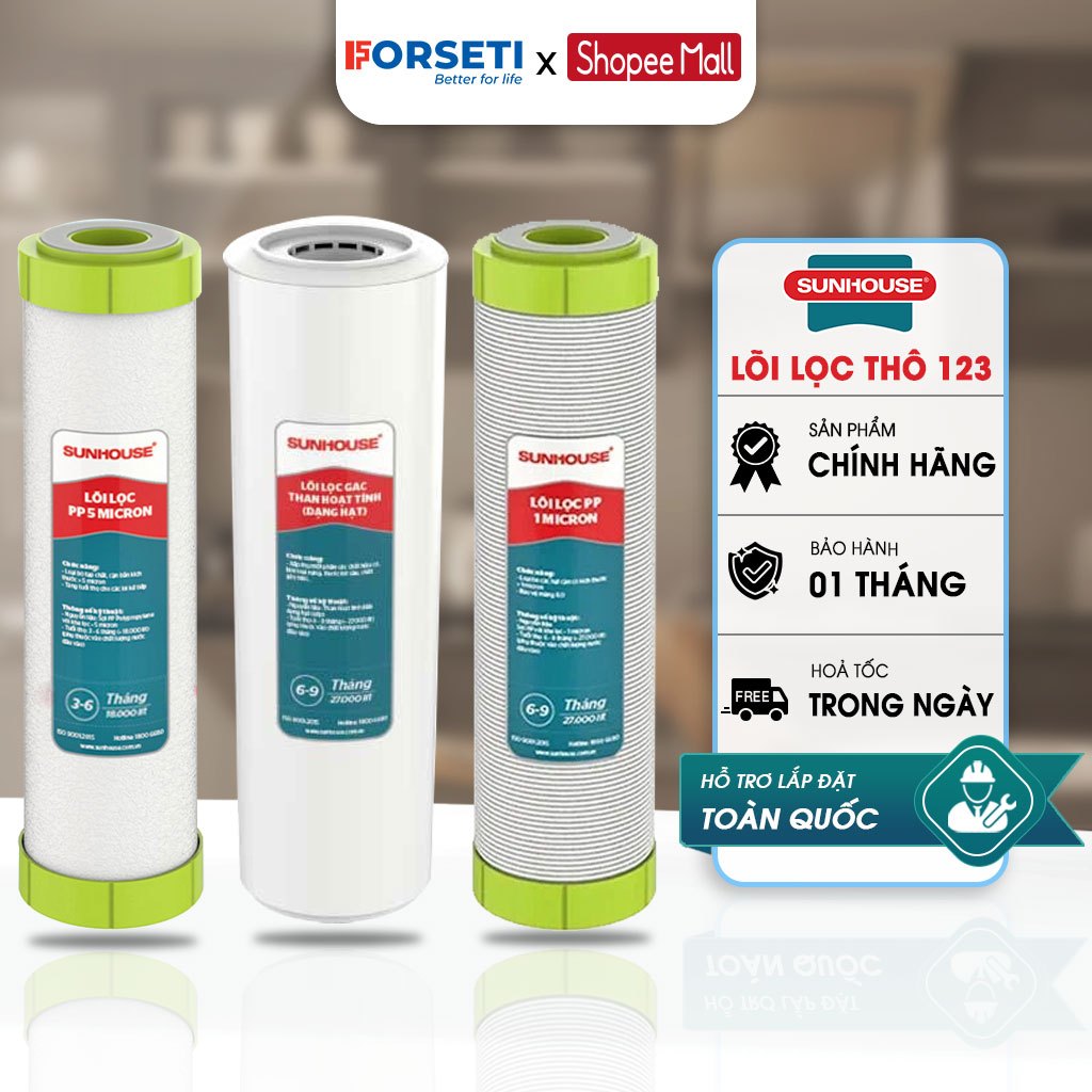 Bộ 3 Lõi Lọc Thô Sunhouse Chính Hãng Dùng Cho Các Loại Máy Lọc Nước RO Sunhouse - Cốc Lọc 10 Inch