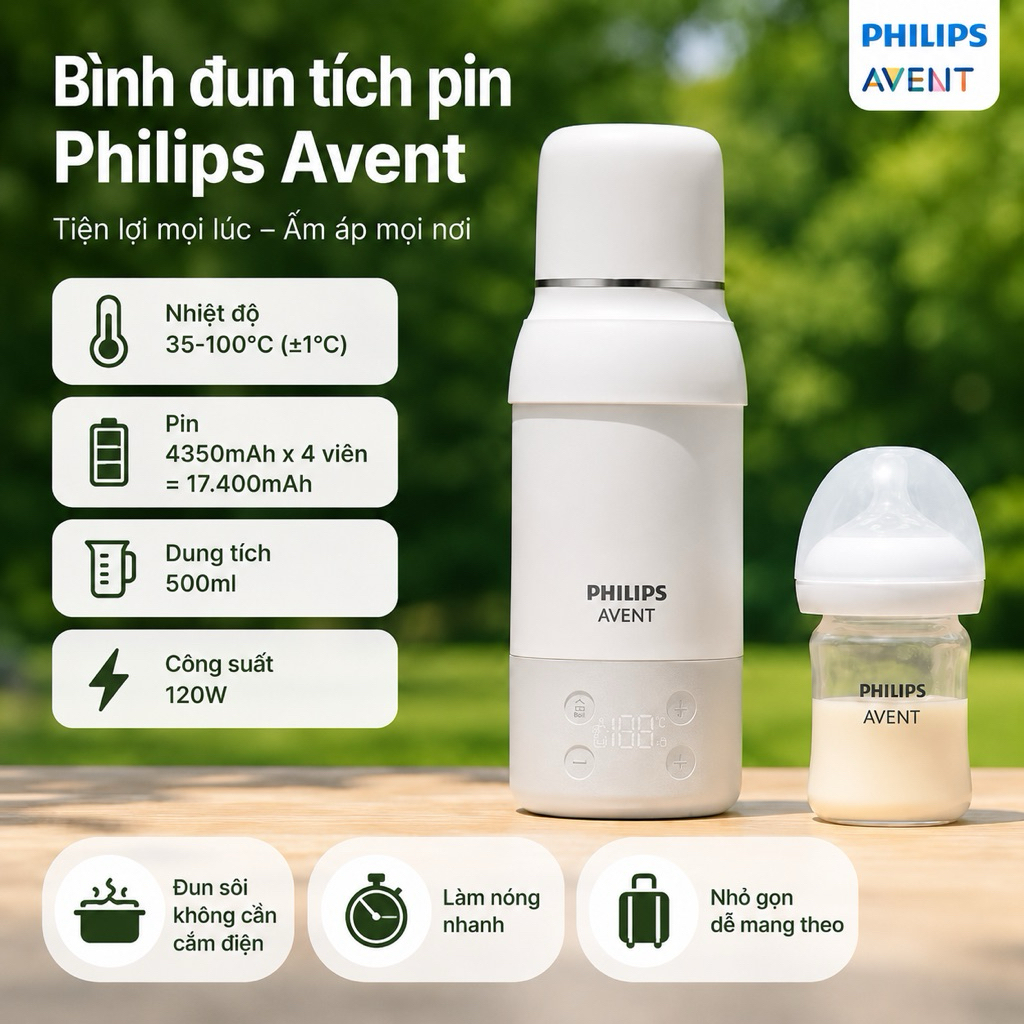 ( Philips Avent) Bình đun nước pha sữa tích pin PHILIPS AVENT cầm tay di động model BBL80745AE/93