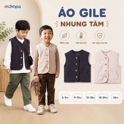 Áo Gile cho bé Mompa 6 tháng - 3 tuổi vải Cotton nhung tăm mềm mại ấm áp cúc giữa MP 0567