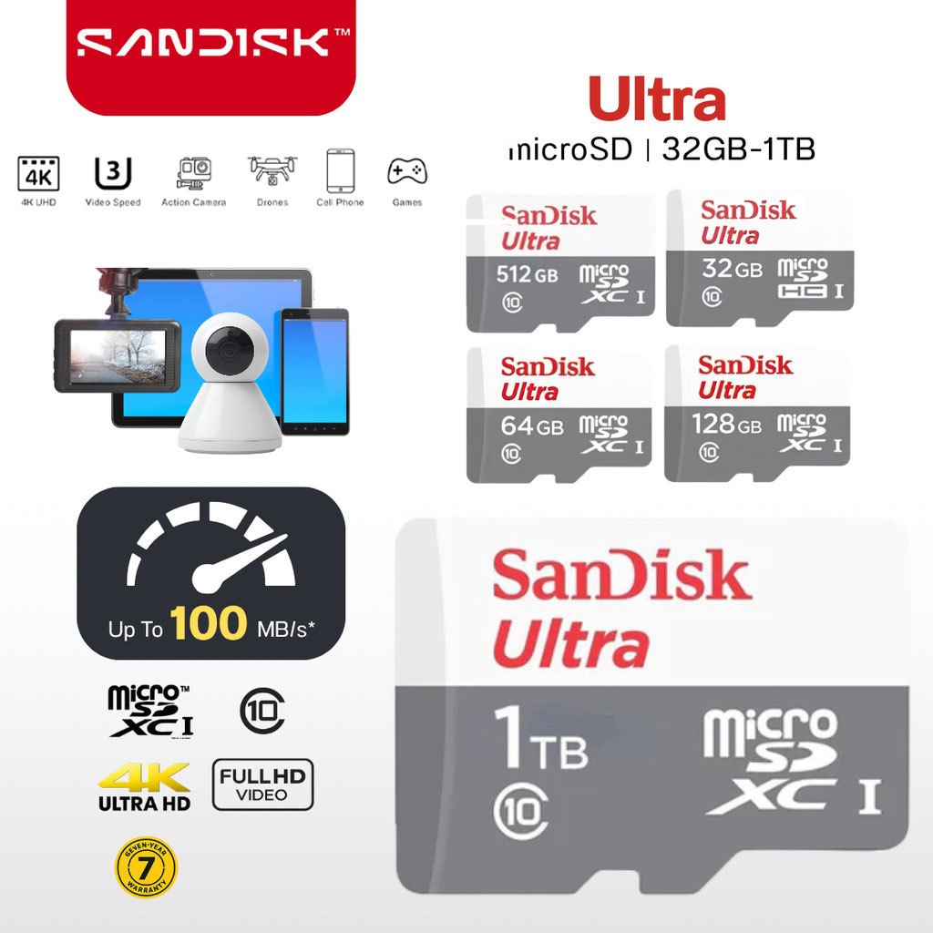 SanDisk Ultra MicroSD Card 32GB/64GB/128GB/256GB/512GB/1TB Class 10 UHS-I Memory Card With 5 Years W