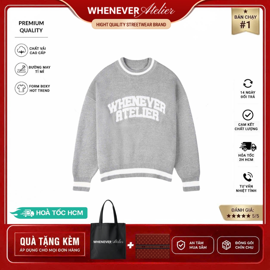 Whenever Atelier |  Áo Sweater Whenever Basic Logo Knit Sweater Form Regular Vải Cotton 100% Cao Cấp