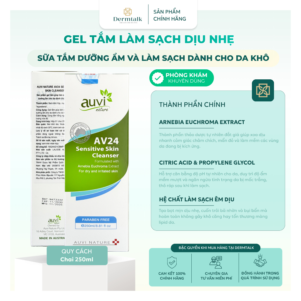 Gel tắm làm sạch dịu nhẹ Auvi AV24 Sensitive Skin Cleanser (250ml) - Sữa tắm làm sạch và dưỡng ẩm dà