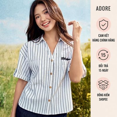 [ ADORE ] Áo sơ mi basic cổ V nền trắng sọc xanh navi 611SH0002