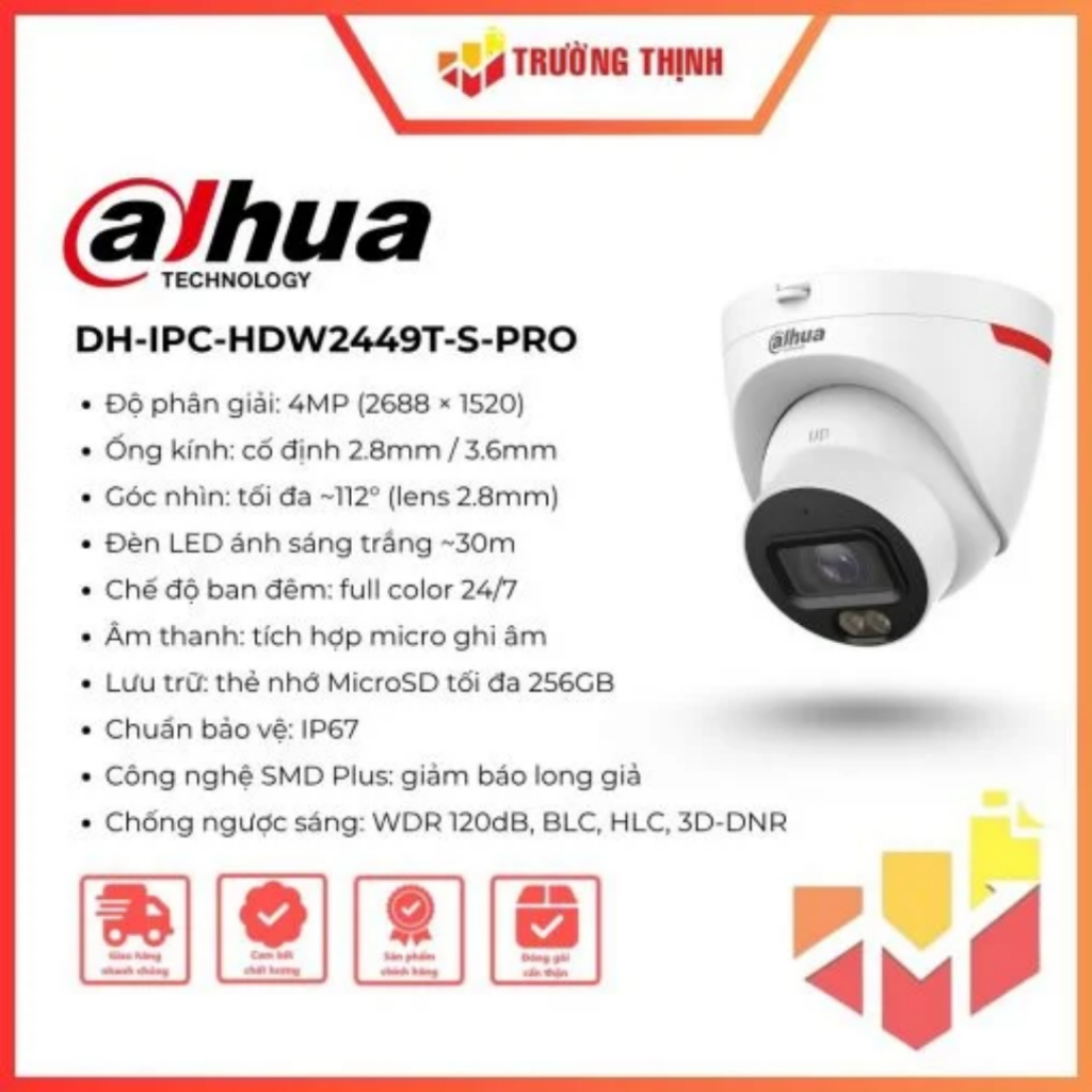 Camera IP 4MP WizColor DAHUA DH-IPC-HDW2449T-S-PRO | 4MP | Tích hợp Mic | IP67