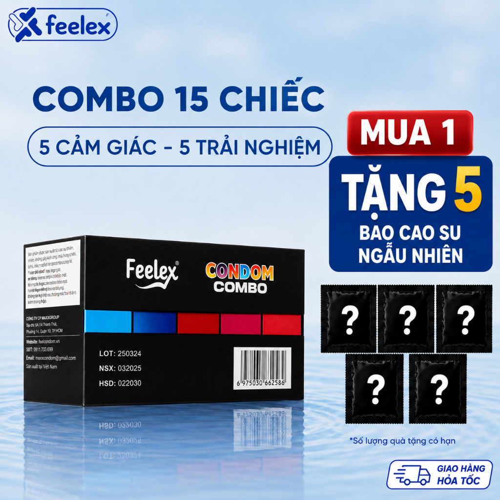 Combo 5 hộp bao cao su Feelex siêu mỏng, nhiều gel bôi trơn - 15 chiếc bcs