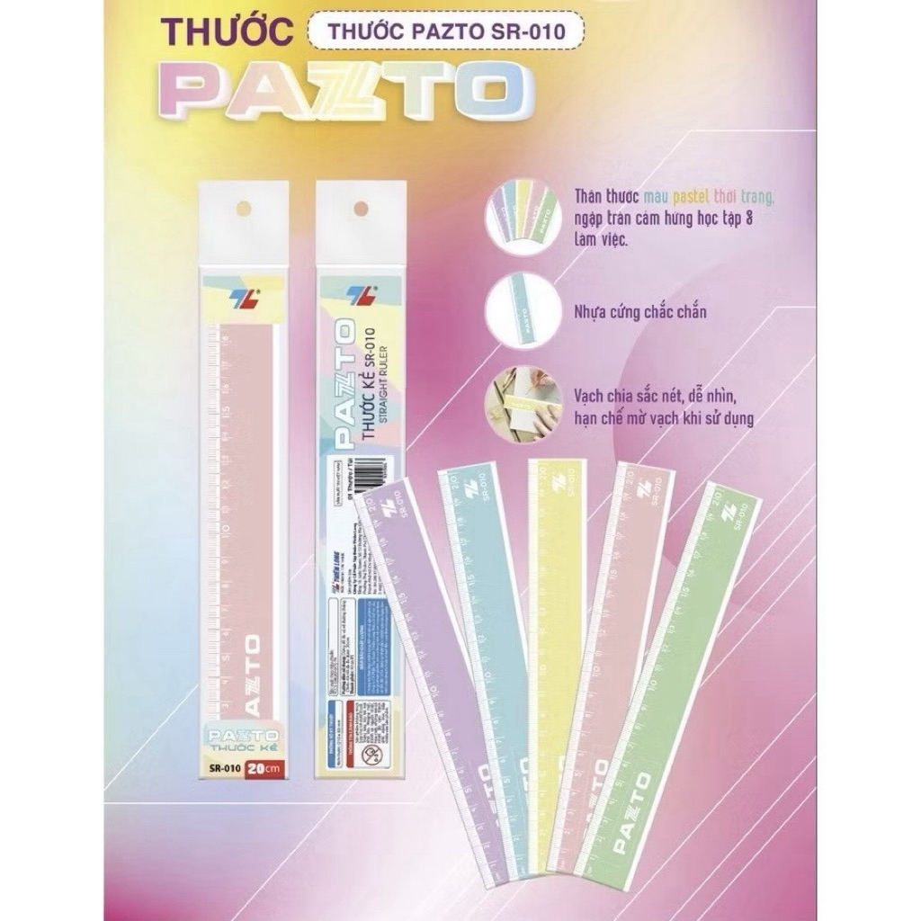 SR-010 - Thước nhựa thẳng màu Pastel dài 20 cm Thiên Long Pazto - 5 màu pastel.
