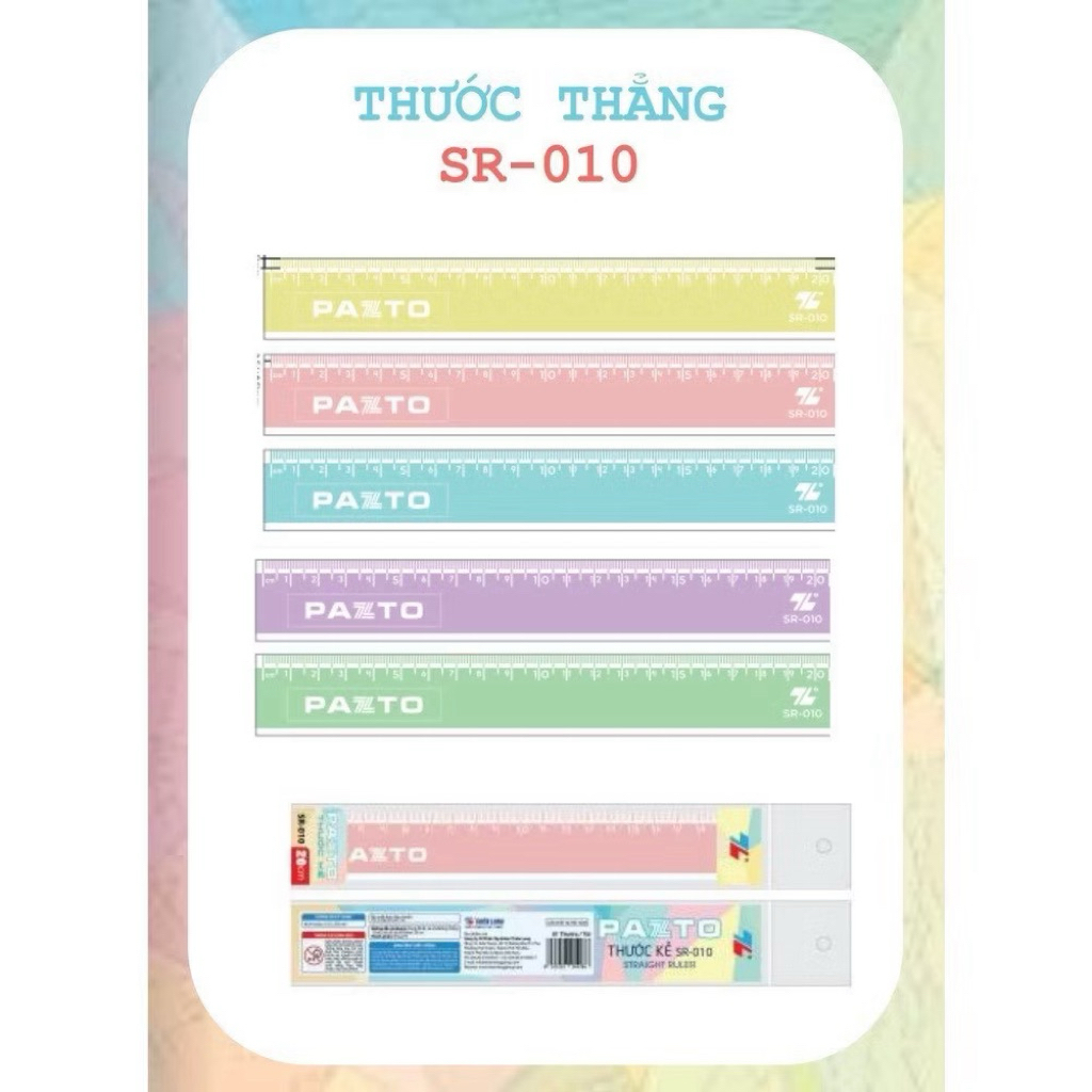 SR-010 - Thước nhựa thẳng màu Pastel dài 20 cm Thiên Long Pazto - 5 màu pastel.