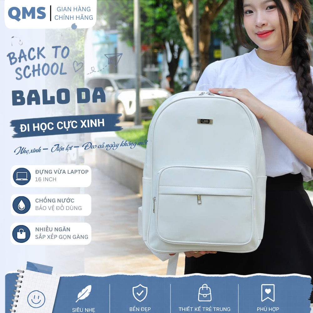 [QMS] Balo da PU unisex túi hộp, balo form cứng cáp chống nước, chống xước đựng laptop 16.5inch