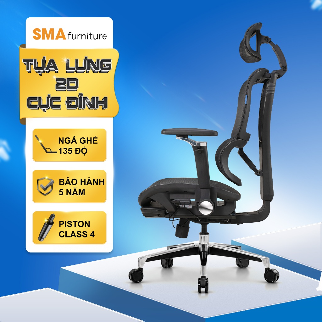 Ghế văn phòng công thái học SMA Furniture Lumbar full tính năng bá đạo, lưới Wintex, Piston class 4