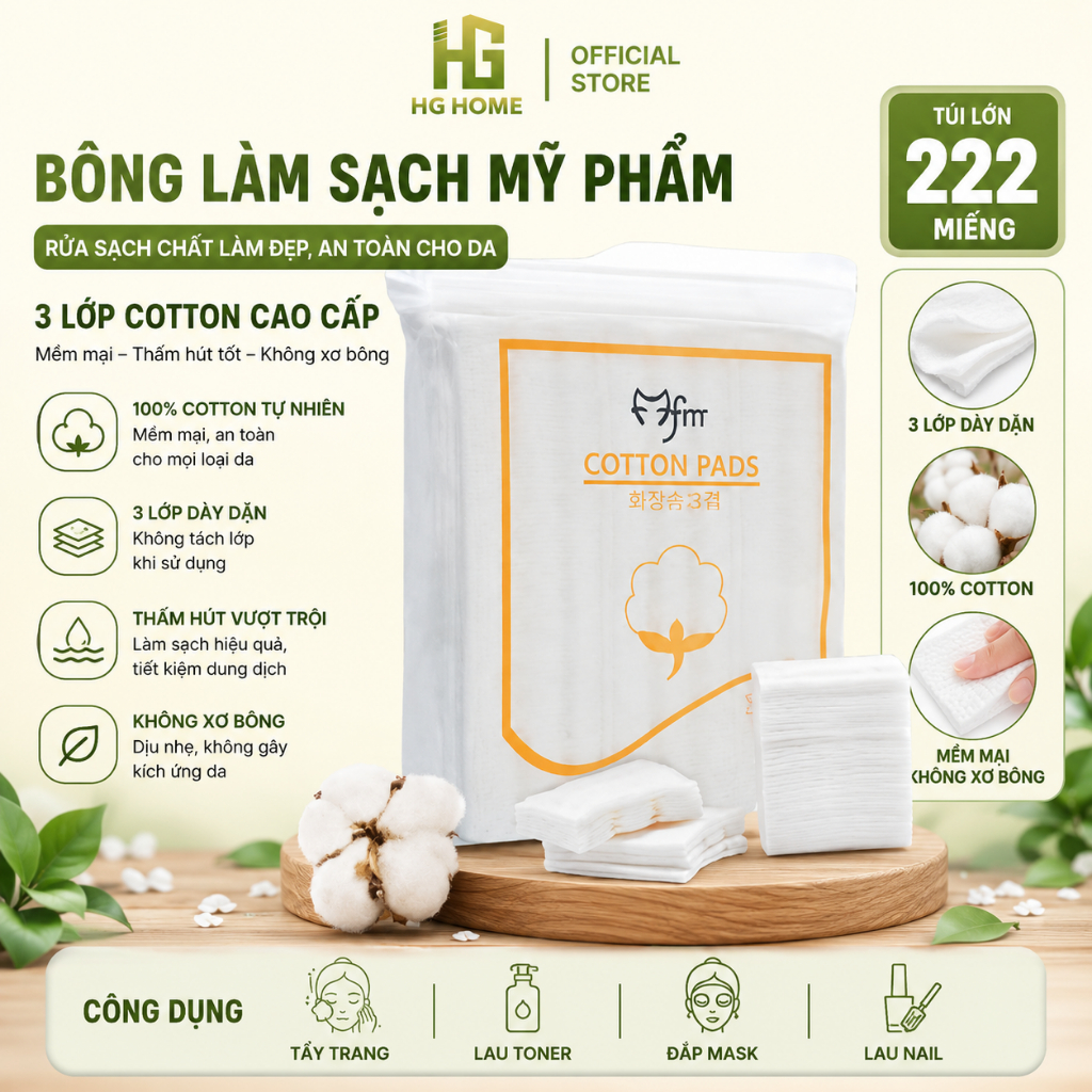 Bông làm sạch mỹ phẩm HGHOME rửa sạch chất làm đẹp 3 Lớp Cotton Túi 222 Miếng HGHOME