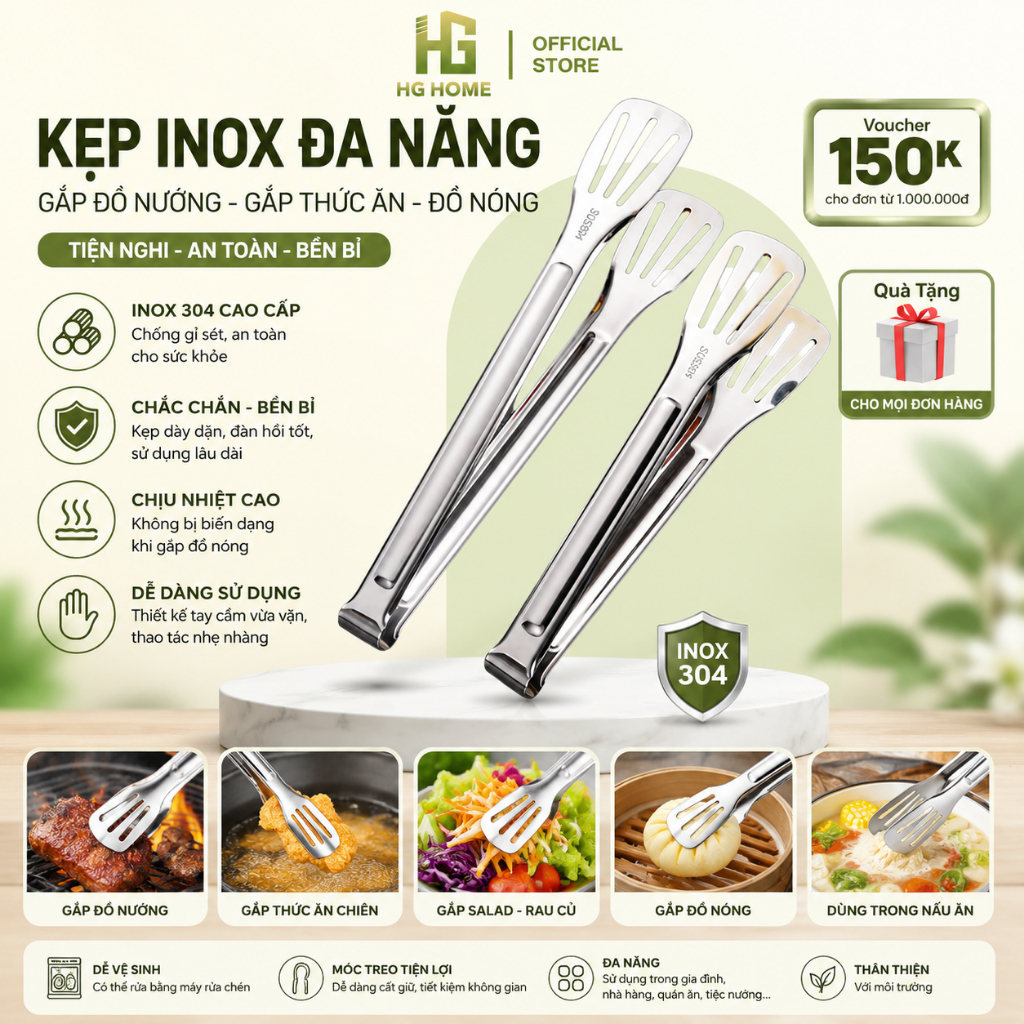 Kẹp Inox Đa Năng, Gắp Đồ Nướng, Gắp Thức Ăn, Đồ Nóng tiện nghi HGHOME HGHOME