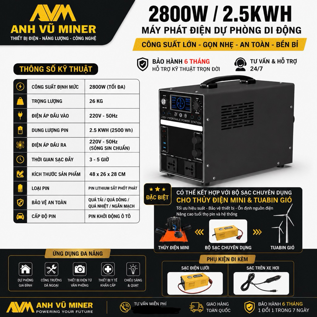 Trạm Điện Lưu Trữ Dự Phòng 2800W Sóng Sin Chuẩn 220V  Pin LiFePO4 2.5kWh