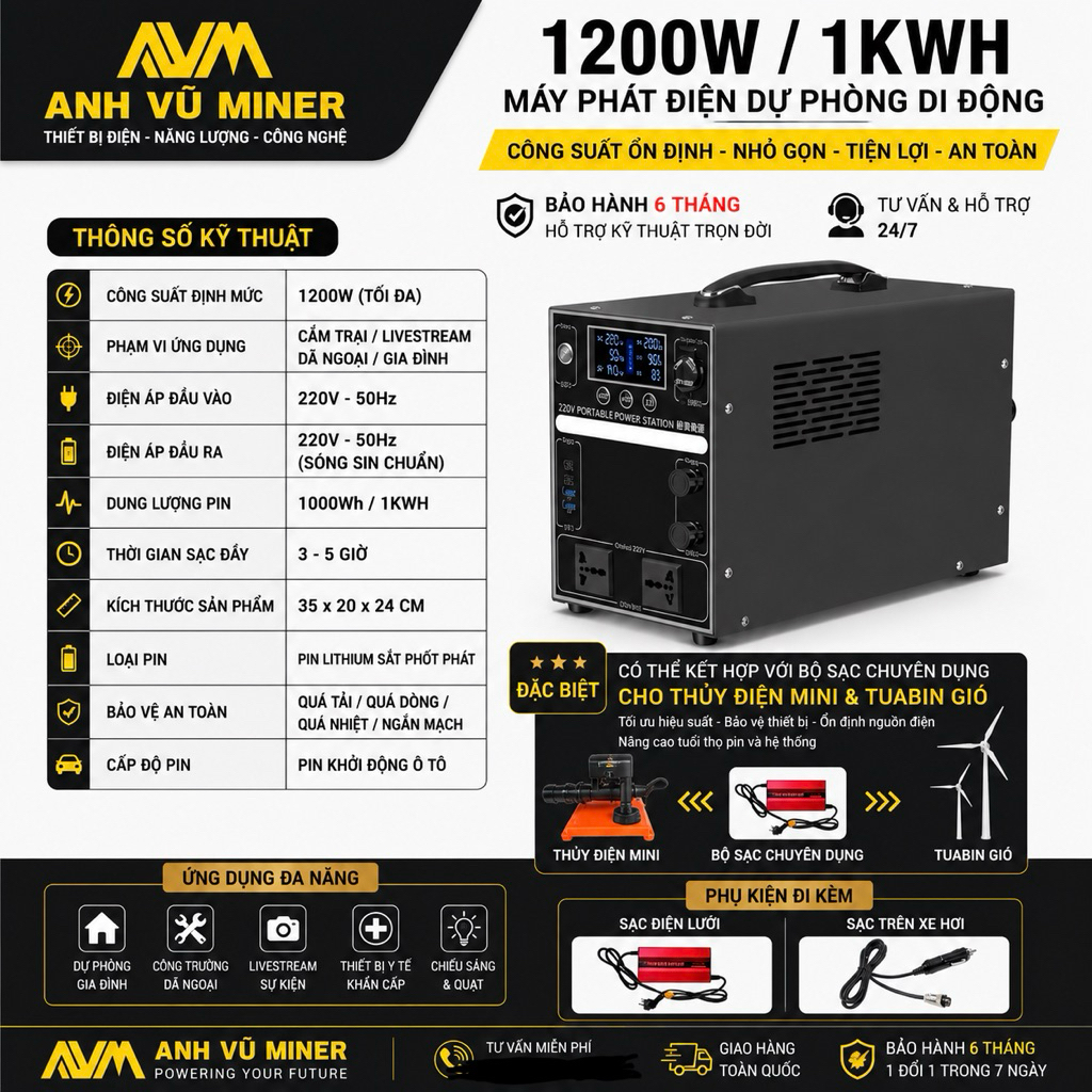 Trạm điện dự phòng di động 1200W / Pin lưu điện LiFePO4 1kWh / Sóng sin chuẩn