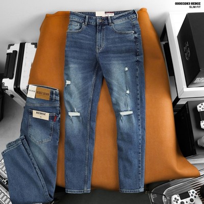 Quần jean nam HEBOZ slim ripped D201, quần dài denim wash rách co giãn thoải mái - 00003283