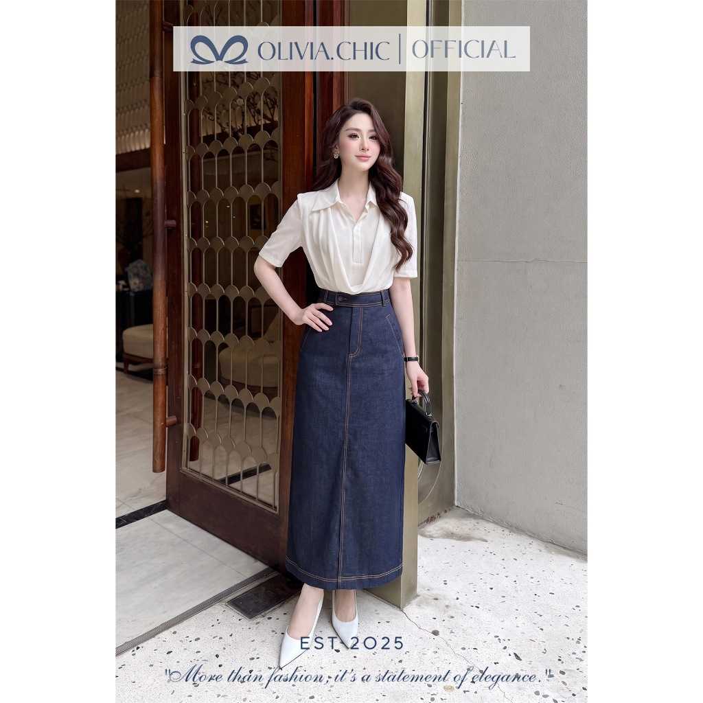 Set Đồ Công Sở OLIVIA.CHIC Áo Thun Cotton Tay Lửng Phối Chân Váy Dài Chữ A Chất Bò Lụa S1116