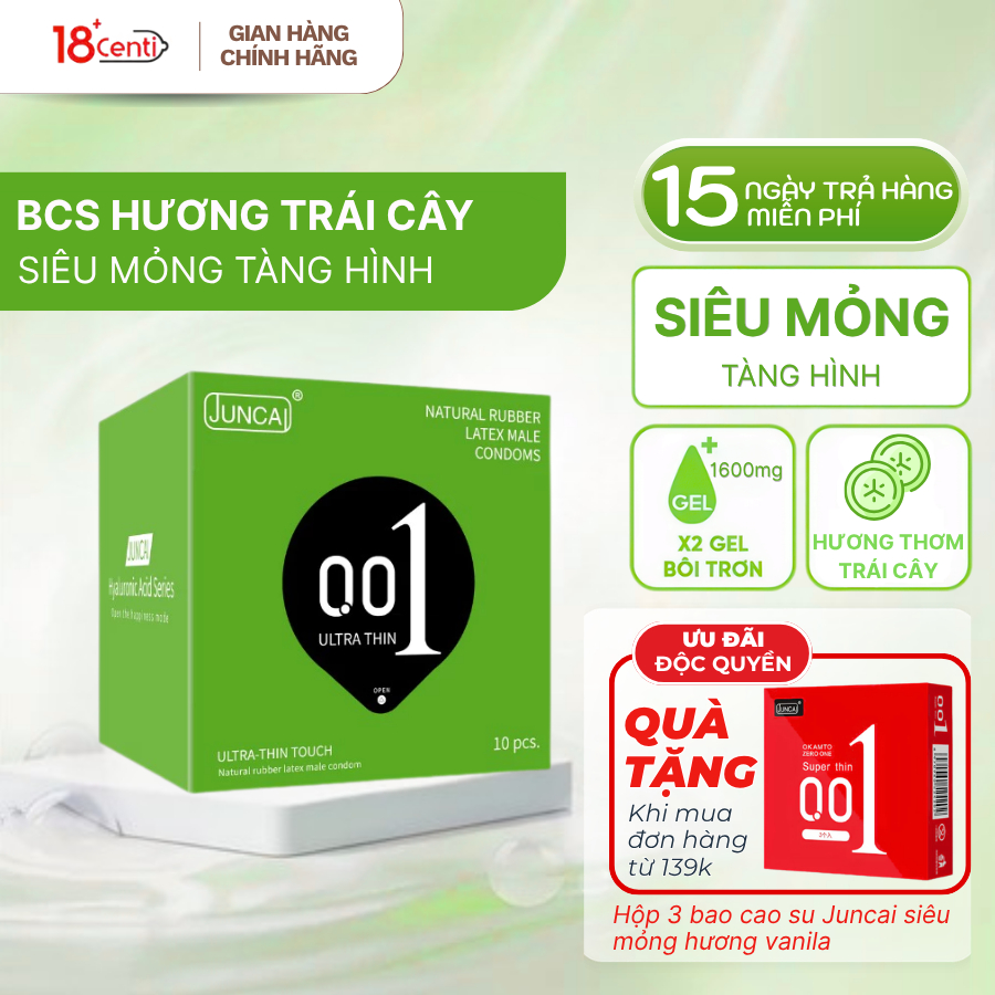 Bao cao su Juncai Ultra Thin Touch siêu mỏng tàng hình có chứa chất bôi trơn cao cấp hộp 10 chiếc