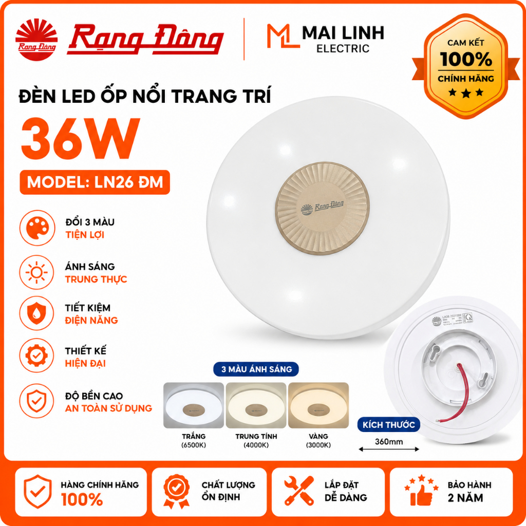 [Chính Hãng] Đèn Led ốp nổi Trang Trí trần 36W Rạng Đông - Đổi 3 Màu - Đường kính 360mm - Model LN26