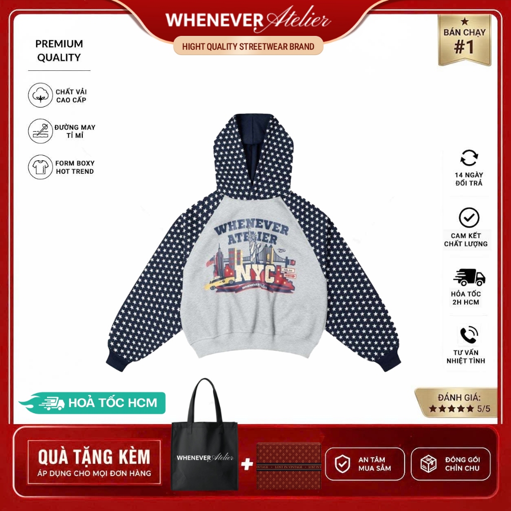 WHENEVER |  Áo Hoodie Whenever Star Raglan Vải Nỉ Bông Form Boxy Brand Unisex / NAVY