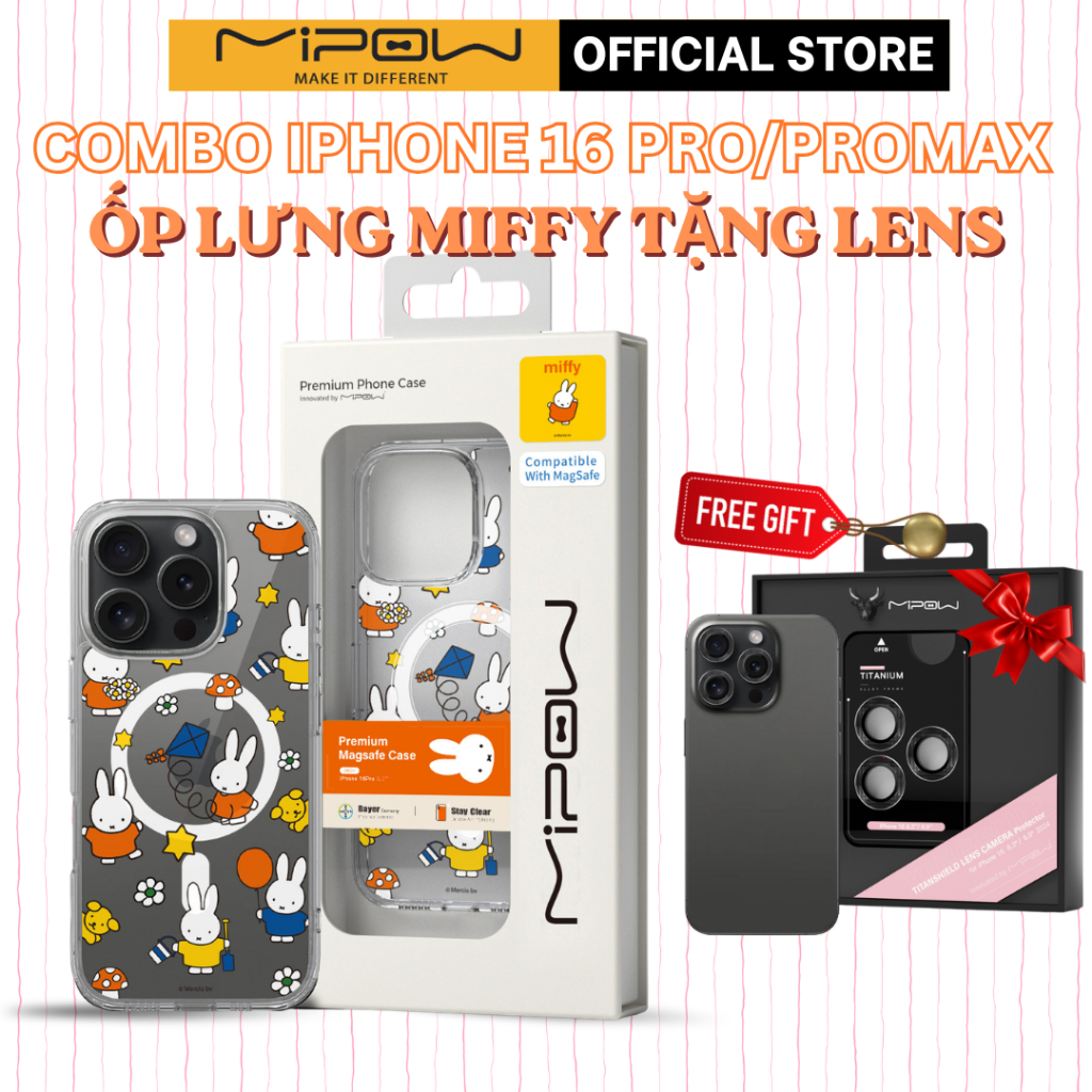 [MUA 1 TẶNG 1] Ốp lưng Mipow Miffy tặng Lens camera iPhone 16 Pro Max, 16 Pro họa tiết đáng yêu