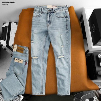Quần jean nam HEBOZ slim ripped D200, quần dài denim wash rách màu xanh nhạt tôn dáng - 00003282