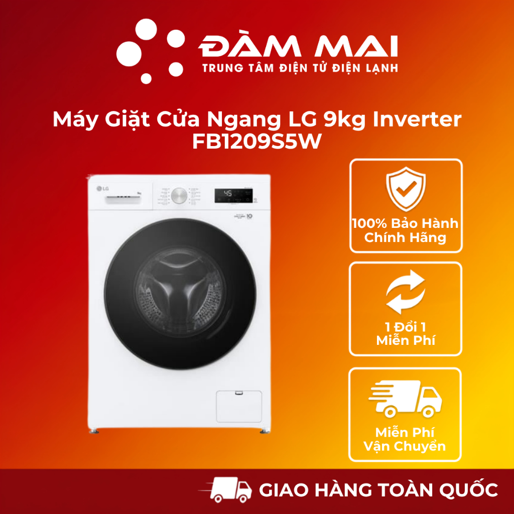 Máy Giặt Cửa Ngang LG 9kg Inverter FB1209S5W - Lồng Thép Không Gỉ, Vận Hành Êm Ái, Tiết Kiệm Điện