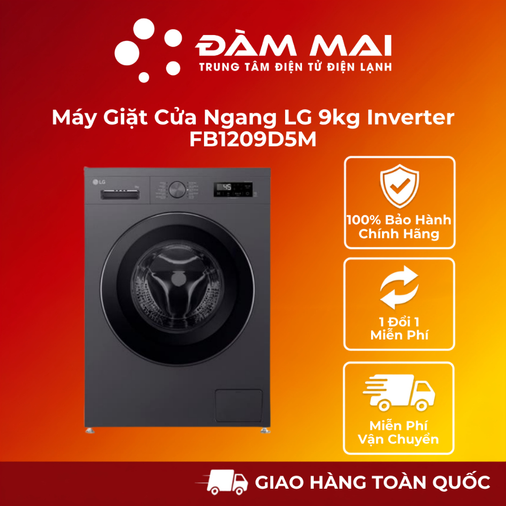 Máy Giặt Cửa Ngang LG 9kg Inverter FB1209D5M - Màu Xám Sang Trọng, Động Cơ Bền Bỉ, Tiết Kiệm Điện Nư
