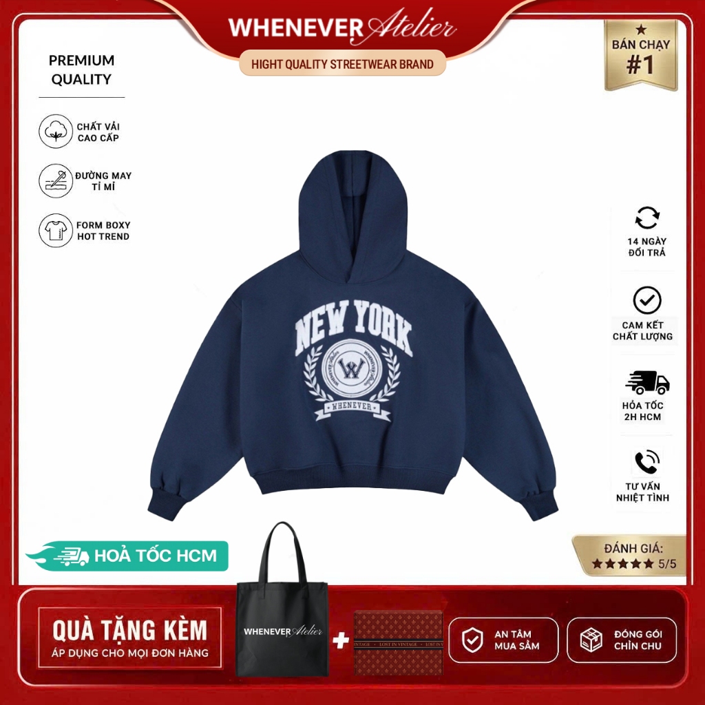 Whenever Atelier | Áo Hoodie Whenever NY Hoodie Form Boxy Vải Nỉ Bông Cao Cấp - Xanh Navy