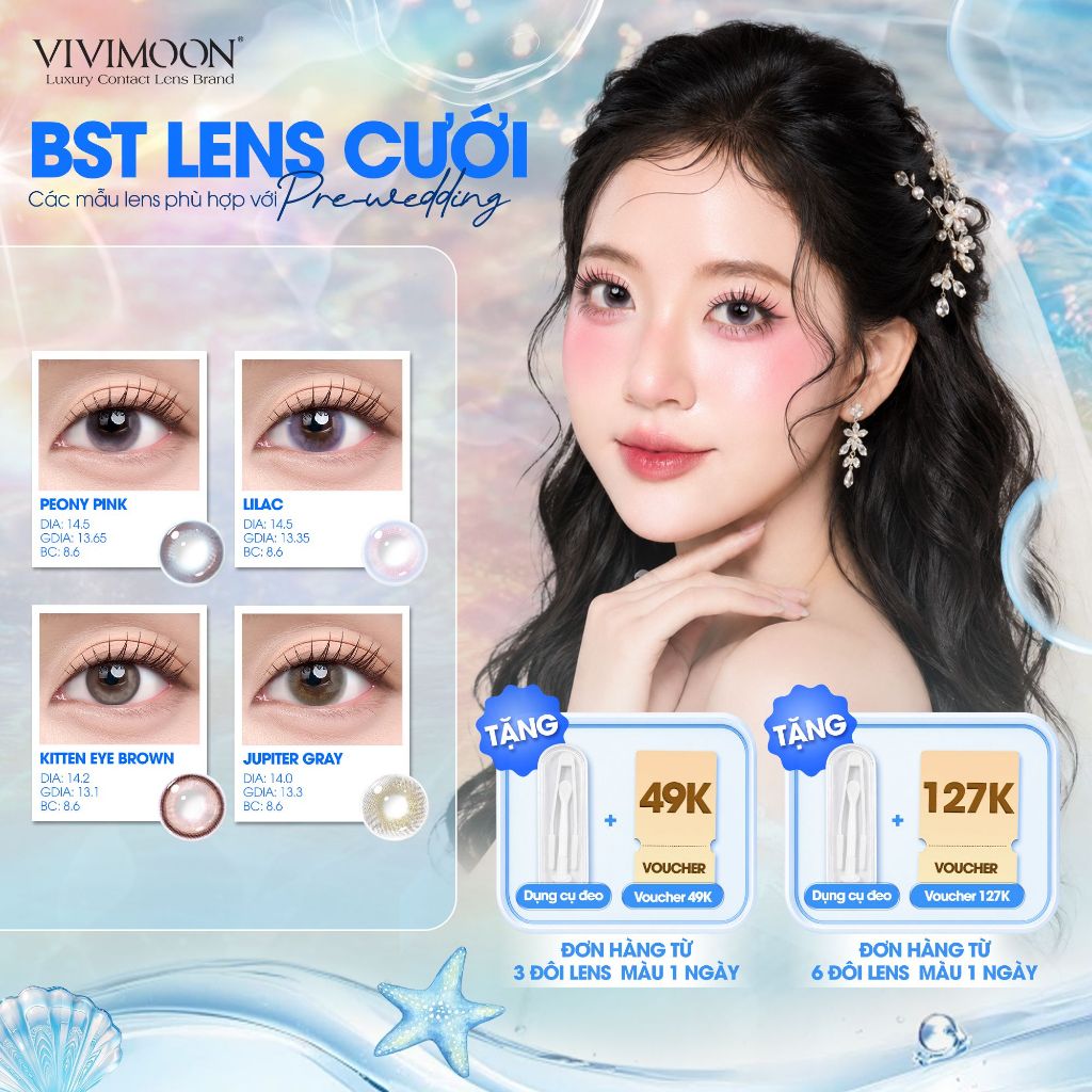 VIVIMOON Lens, Lens cận 1 ngày cho dịp Cưới, Peony Pink/ Lilac/ Kitten Eyes Brown/ Jupiter Gray (Giá