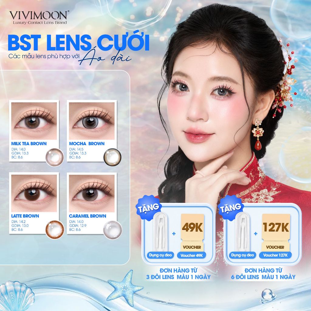 VIVIMOON Lens, Lens cận 1 ngày cho dịp Cưới, Milk Tea Brown/ Latte Brown/ Caramel/ Mocha Brown (Giá 