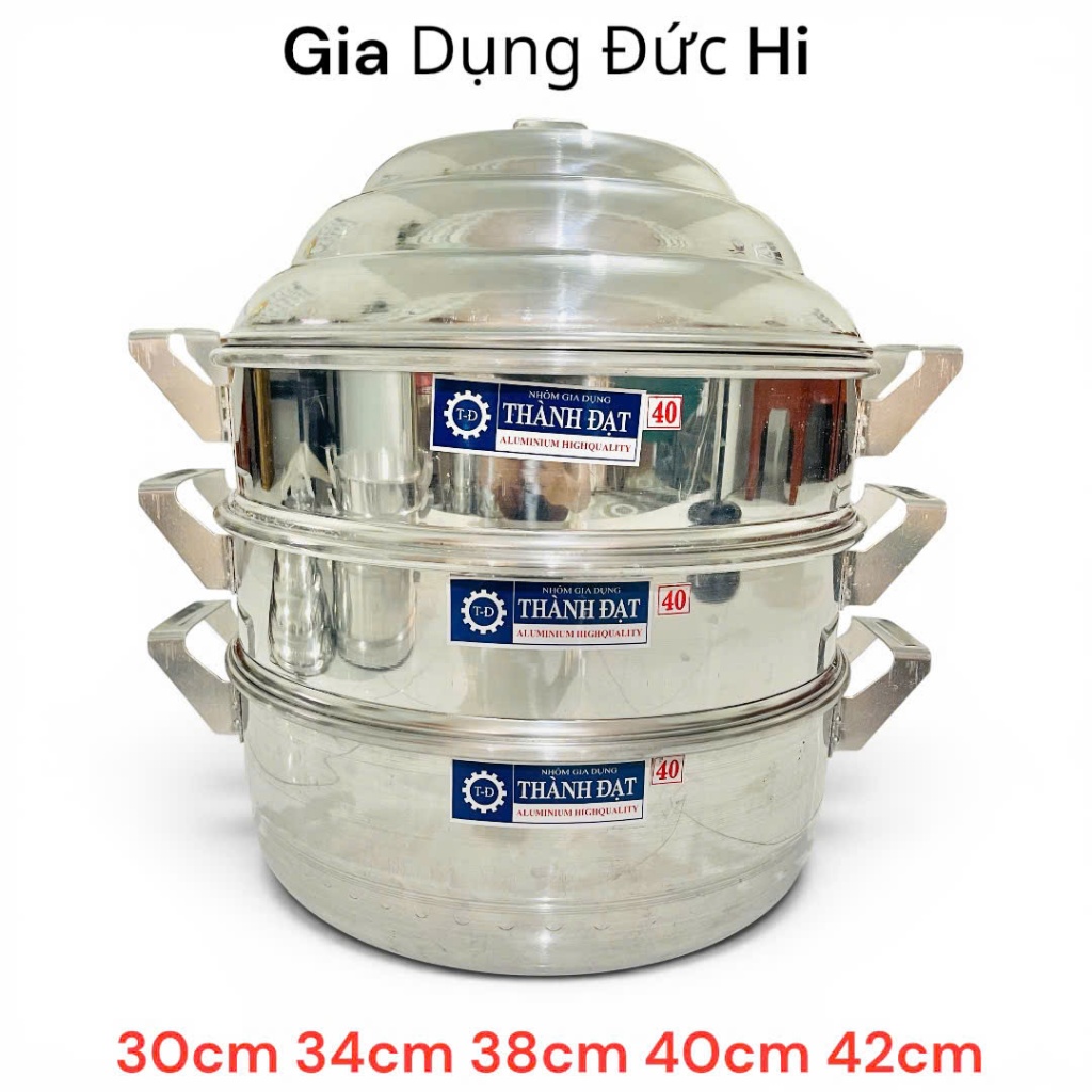 Nồi Hấp 3 Tầng Cao Cấp Thành Đạt Đủ Size 30cm 34cm 38cm 40cm 42cm - Có Vỉ Lỗ Nhỏ Xửng Nhôm Dày Dặn